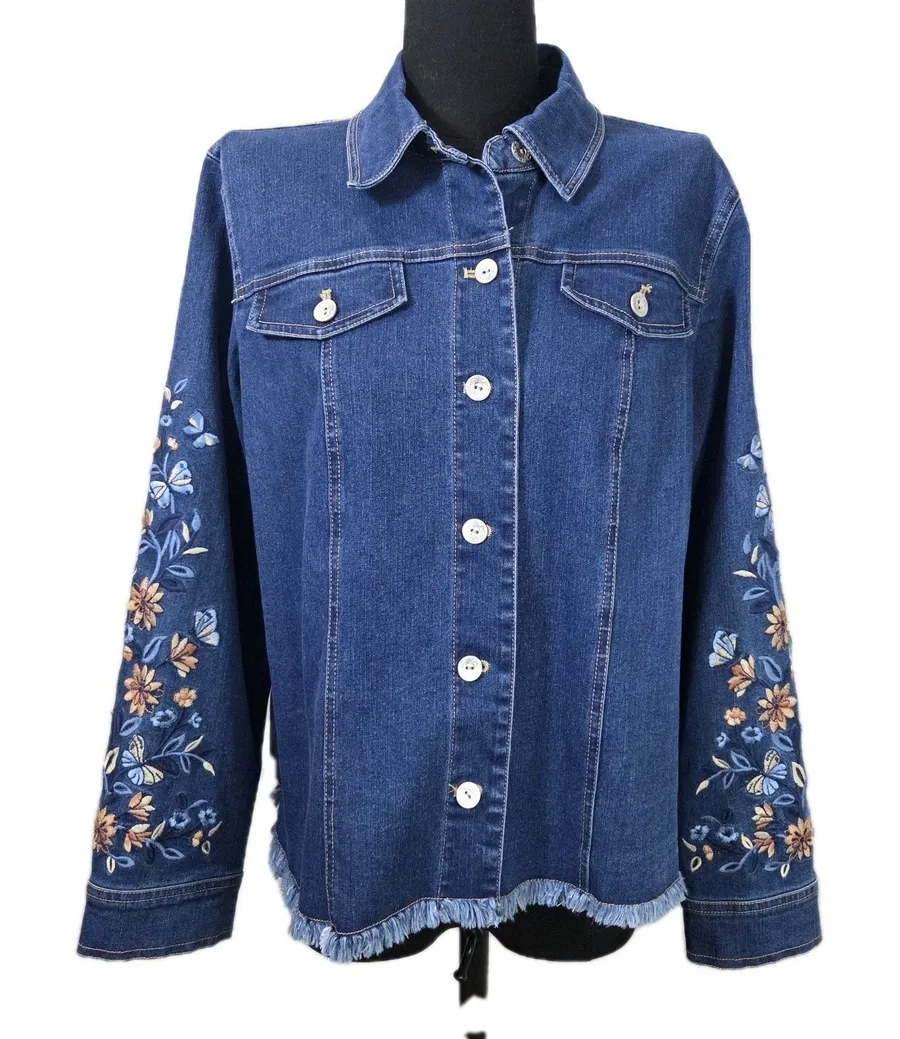 Alfred Dunner Women Blue Floral Denim Fringe Hem Jean Jacket Coat Sz Small