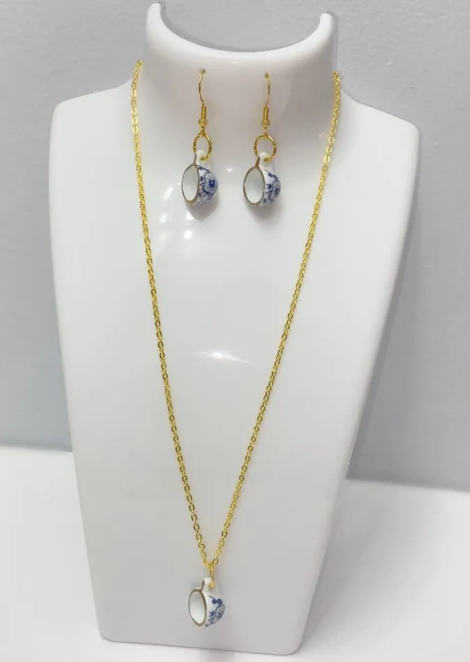 Ceramic Tea Cup Gold Necklace and Earring Set ☕️