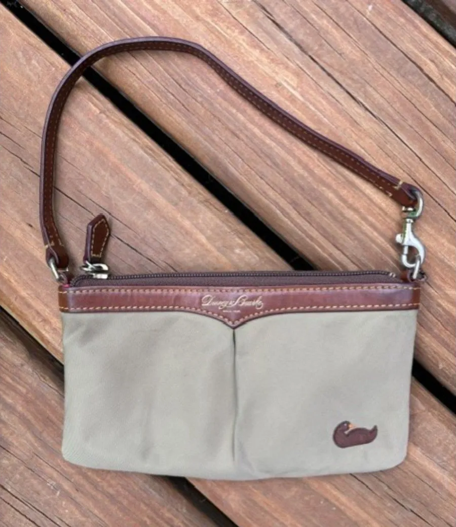 Vintage Dooney & Bourke Taupe Nylon Wristlet Pouch Leather Strap Duck Logo