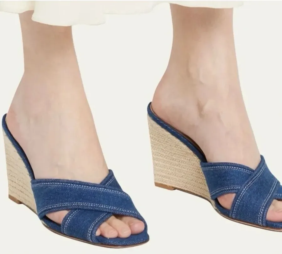Veronica Beard Edna Denim Wedge Espadrille Sandals Size 8.5 Minimalist Preppy