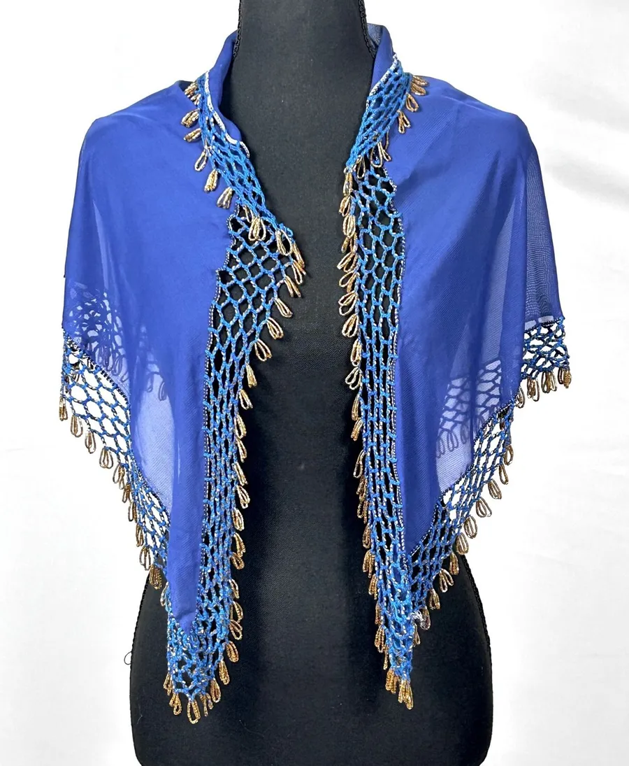 Vintage Beaded Crochet Chiffon Triangle Shawl Scarf Wrap Fringe Boho Blue Gold