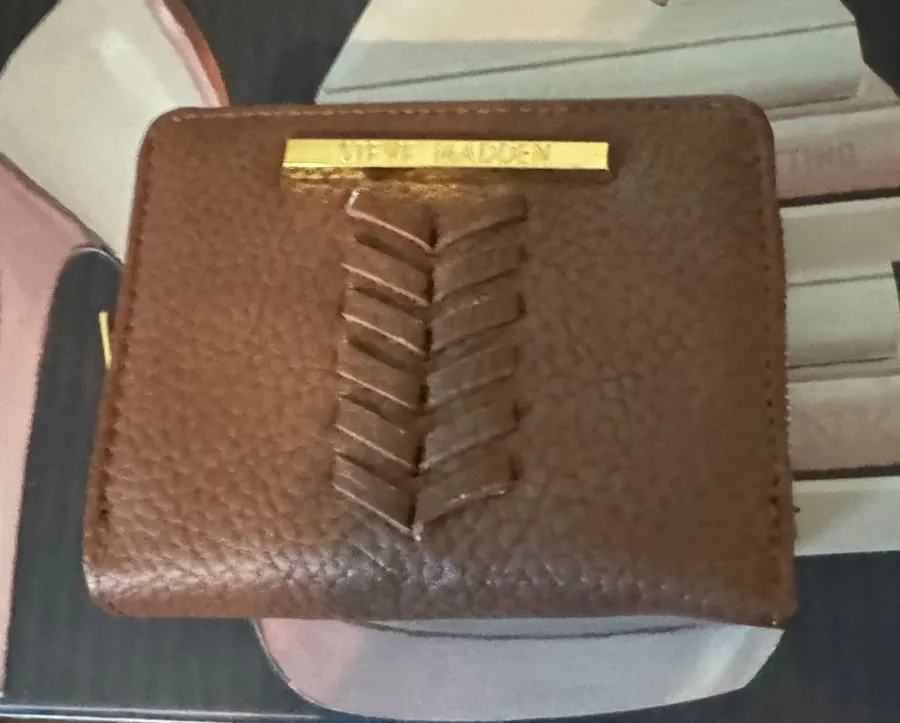 Steve Madden Brown Pebbled Leather Zip Wallet with Braided Accent