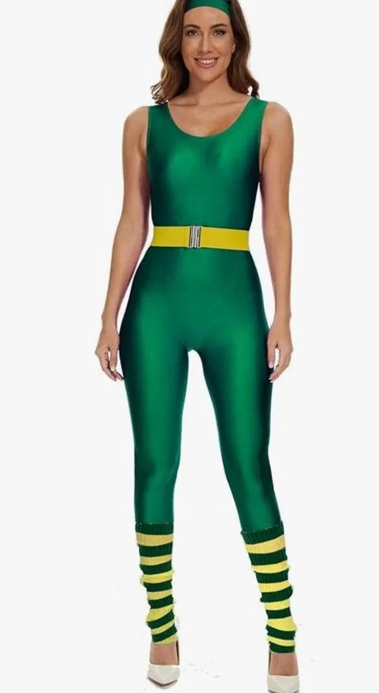 NEW 80s Workout Halloween Costume Outfit 80s Leotard Jumpsuit Headband Belt L Green Size L