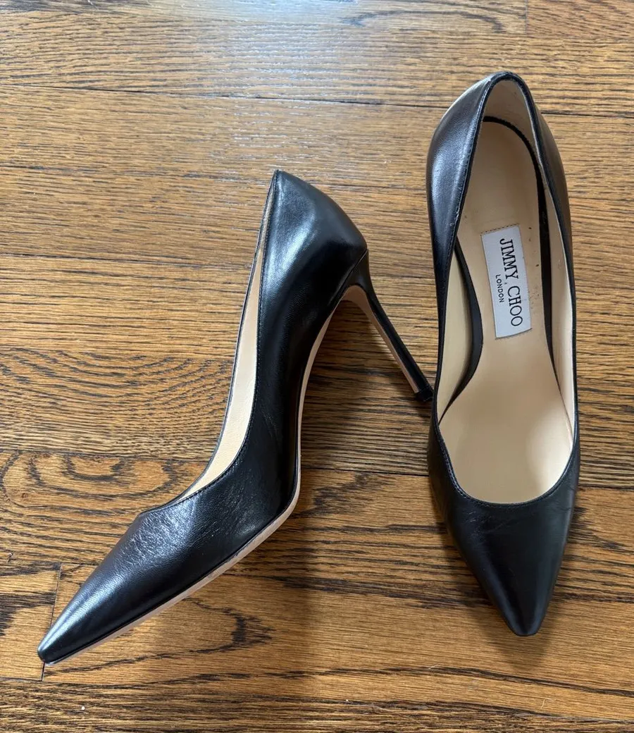 Jimmy Choo Black Leather Pointed-Toe Stiletto Pumps, 3.5” heel, 38.5