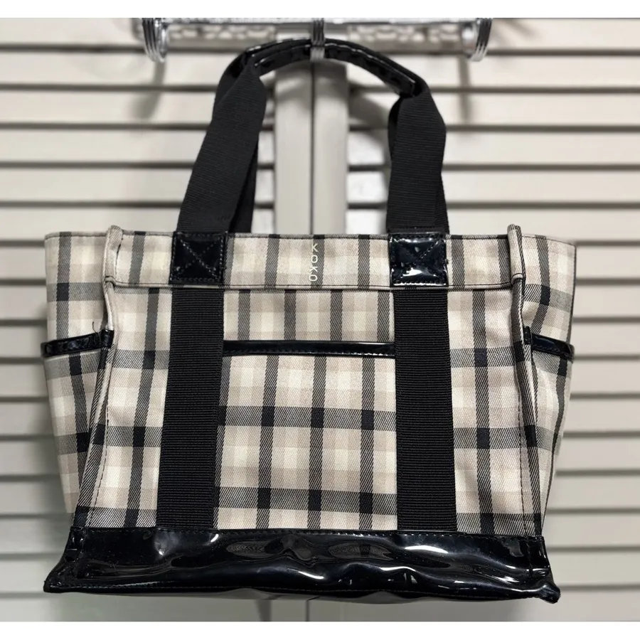 Koko Plaid Insulated Lunch Tote Bag Tan/Blk Pockets Cinch Close Extension Tan