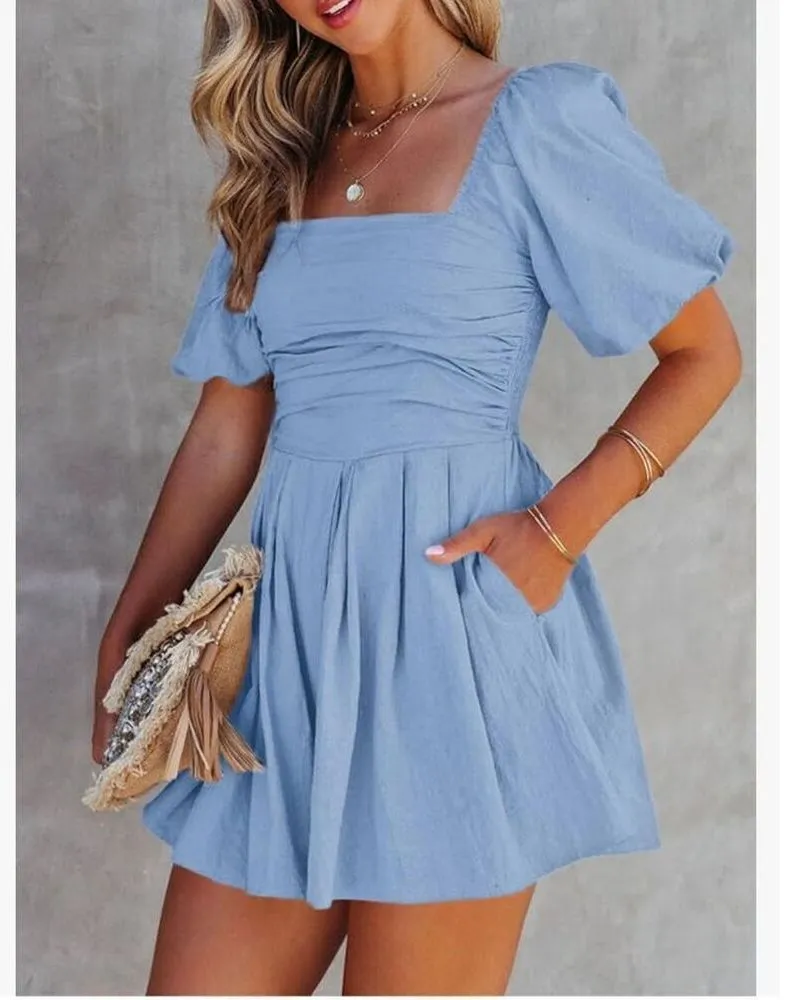 NEW Chambray Romper Puff Sleeve Square Neck Mini Lined Romper S Blue