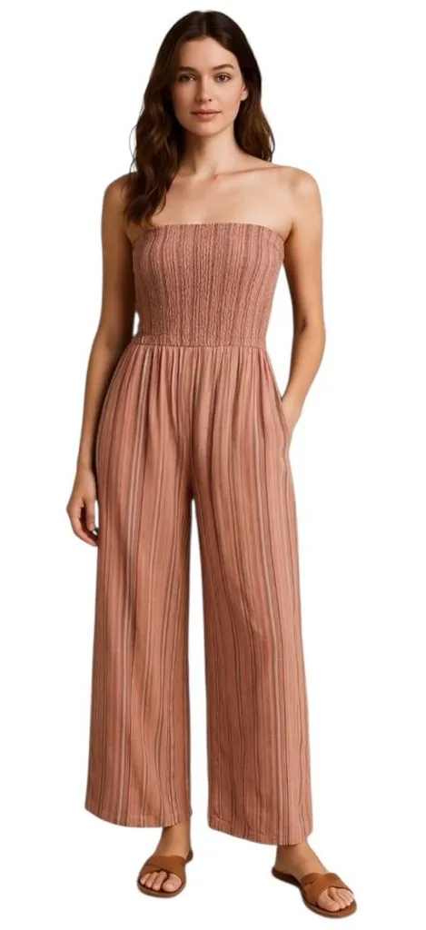 Aerie Strapless Wide Leg Striped Linen Blend Jumpsuit Womens M