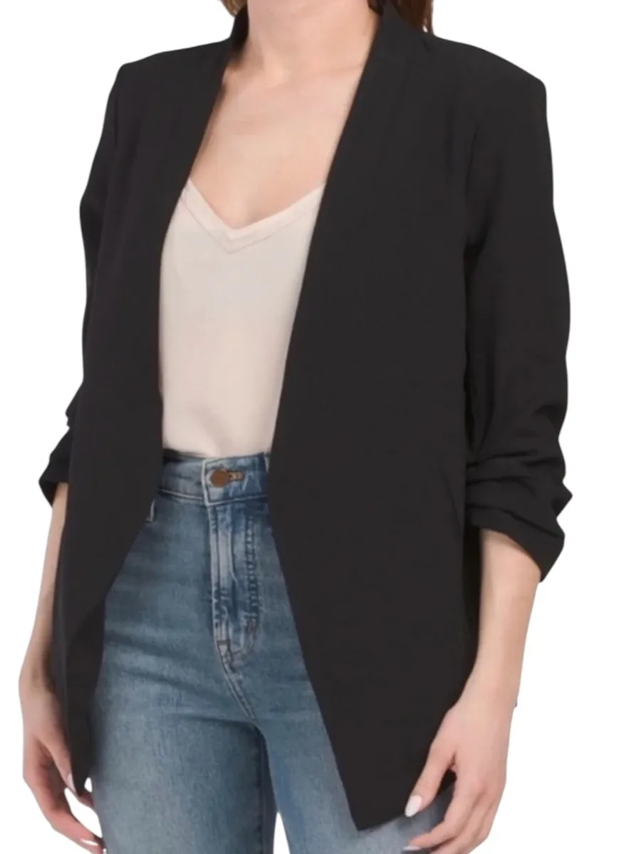 Rachel Zoe Black Open Front Long Blazer Draped Stitched Pleats at Cuffs size XS