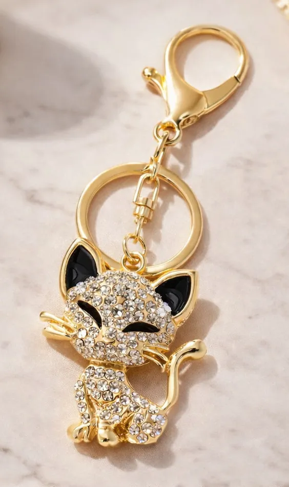 NEW Classy Cat Rhinestone gold key chain bag charm