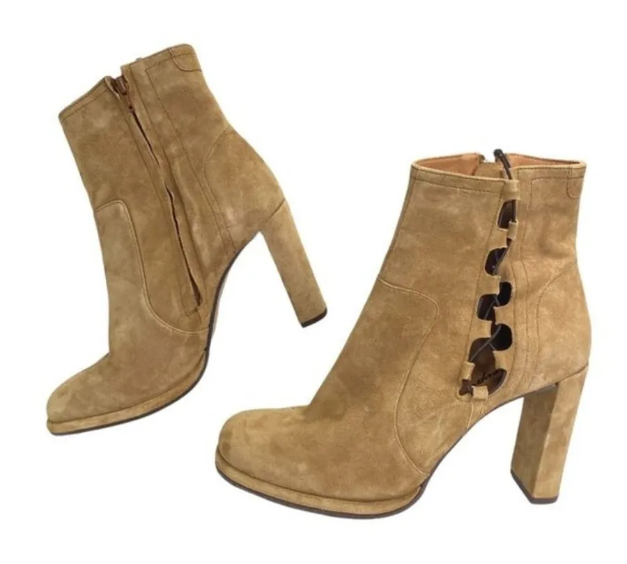 Free People Cecile Ankle Boots Suede Lace Up Side Block Heel Tan Camel Size 41
