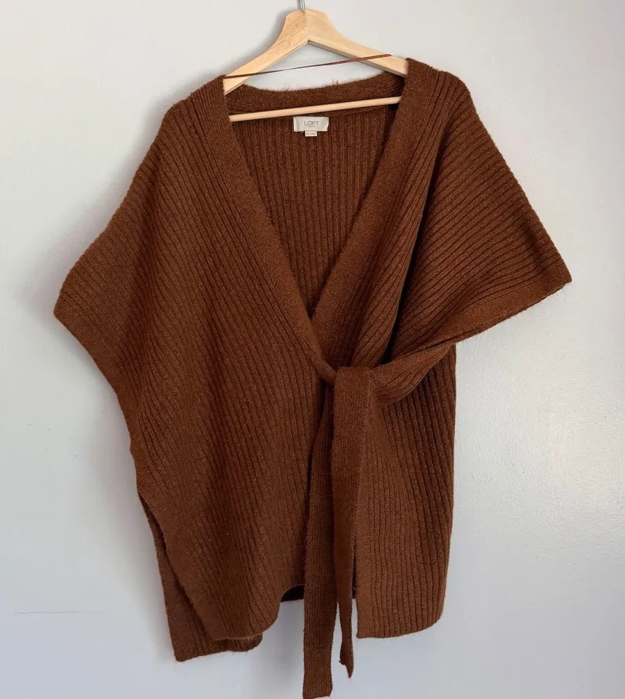 Loft Outlet Brown Ribbed Knit Wrap Sweater Short Sleeve Tie Waist Poncho ML Size M