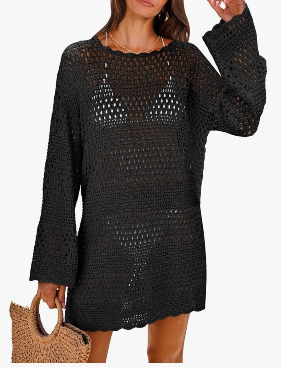 ANRABESS Women Swimsuit Crochet Swim Cover Up Black Size XXL