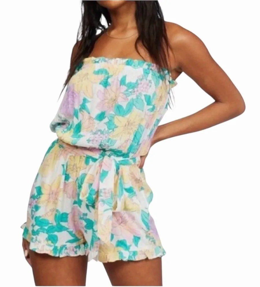 Billabong Womens Sz S Floral Romper Pockets Lightweight Ruffles Strapless Vaca
