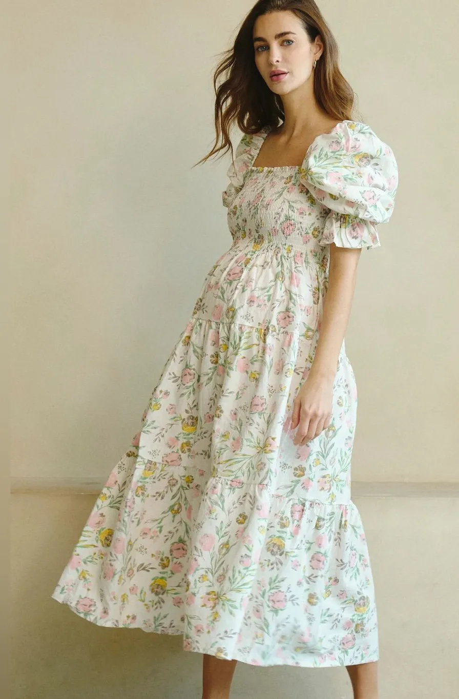 Nothing Fits But Kiko Floral Maternity Smocked Midi Dress Size M White Size M