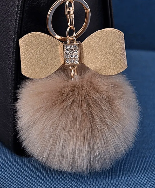 ✨ Faux Fur Pom Pom Keychain Charm with Bow & Rhinestones ✨ Tan