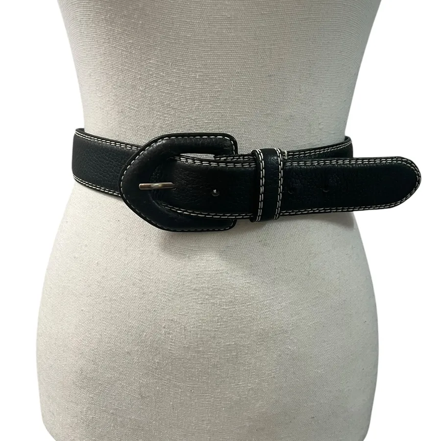 Vintage Liz Claiborne Black Genuine Pebbled Leather Belt Buckle #2805 M 1.5”W