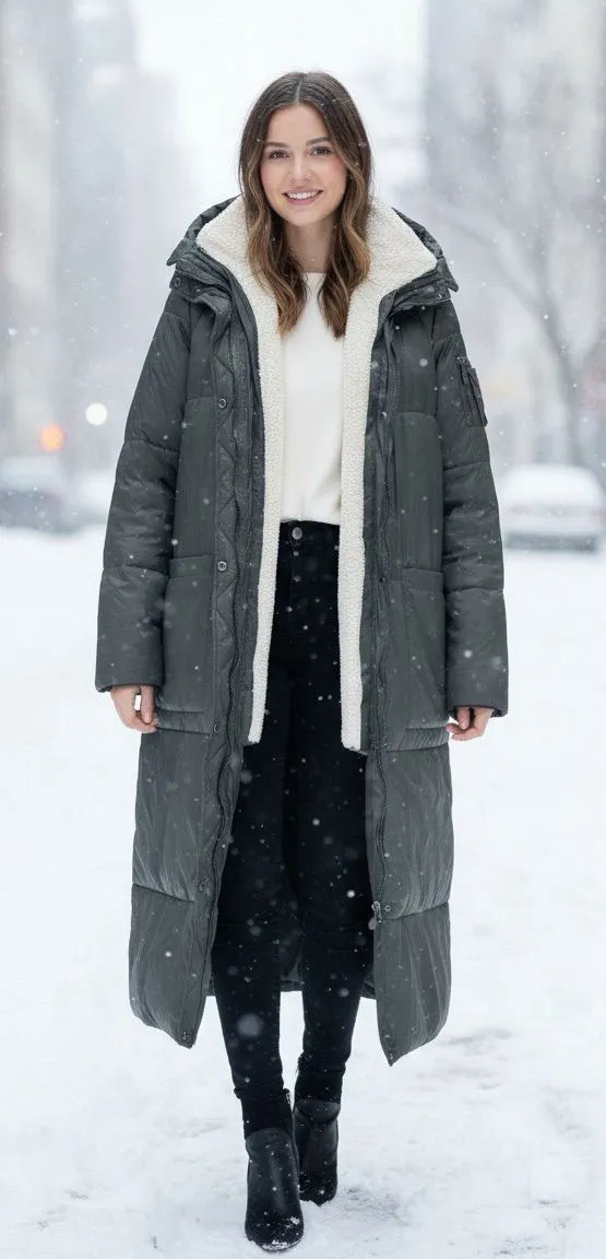 Mango Basics Long Hooded Puffer Coat Olive Green Sherpa Lined Quilted Jacket M