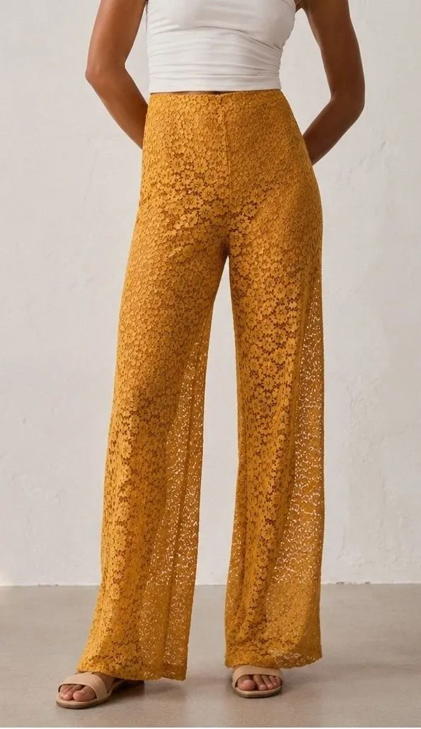 & Other Stories High Waisted Flared Lace Pants 2 Yellow Floral Hippie Beach