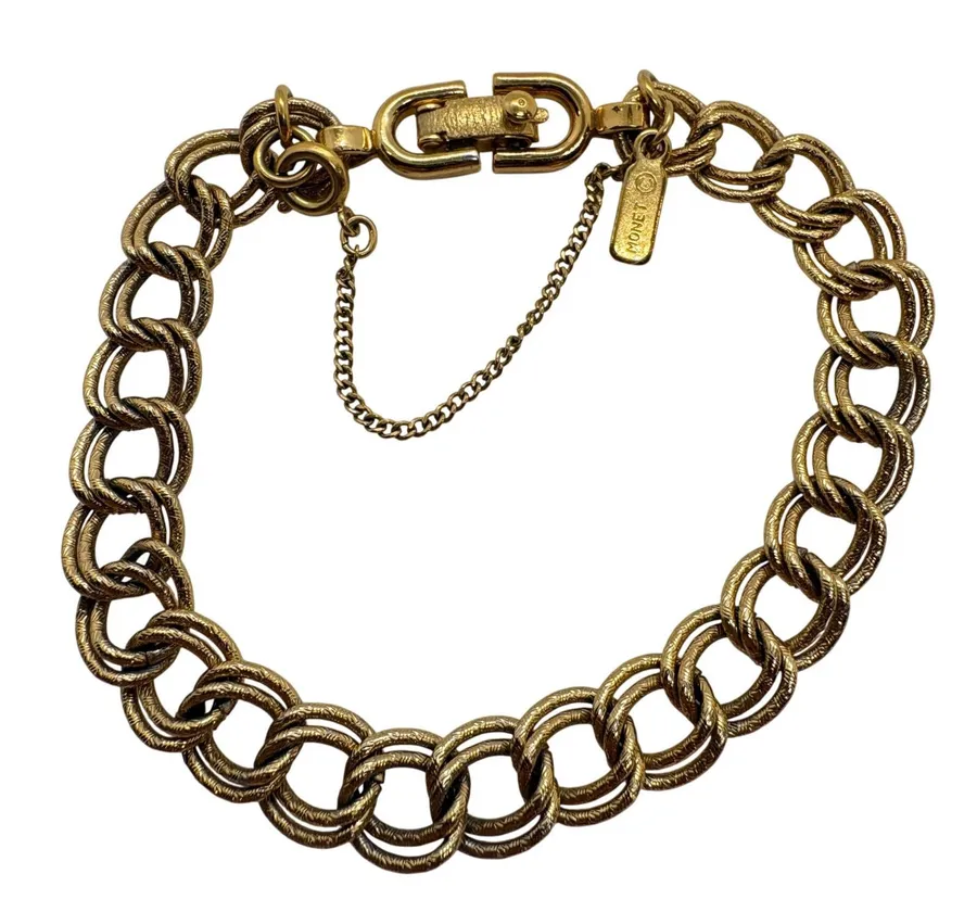 Vintage Monet Gold Tone Double Link Charm Bracelet with Safety Chain