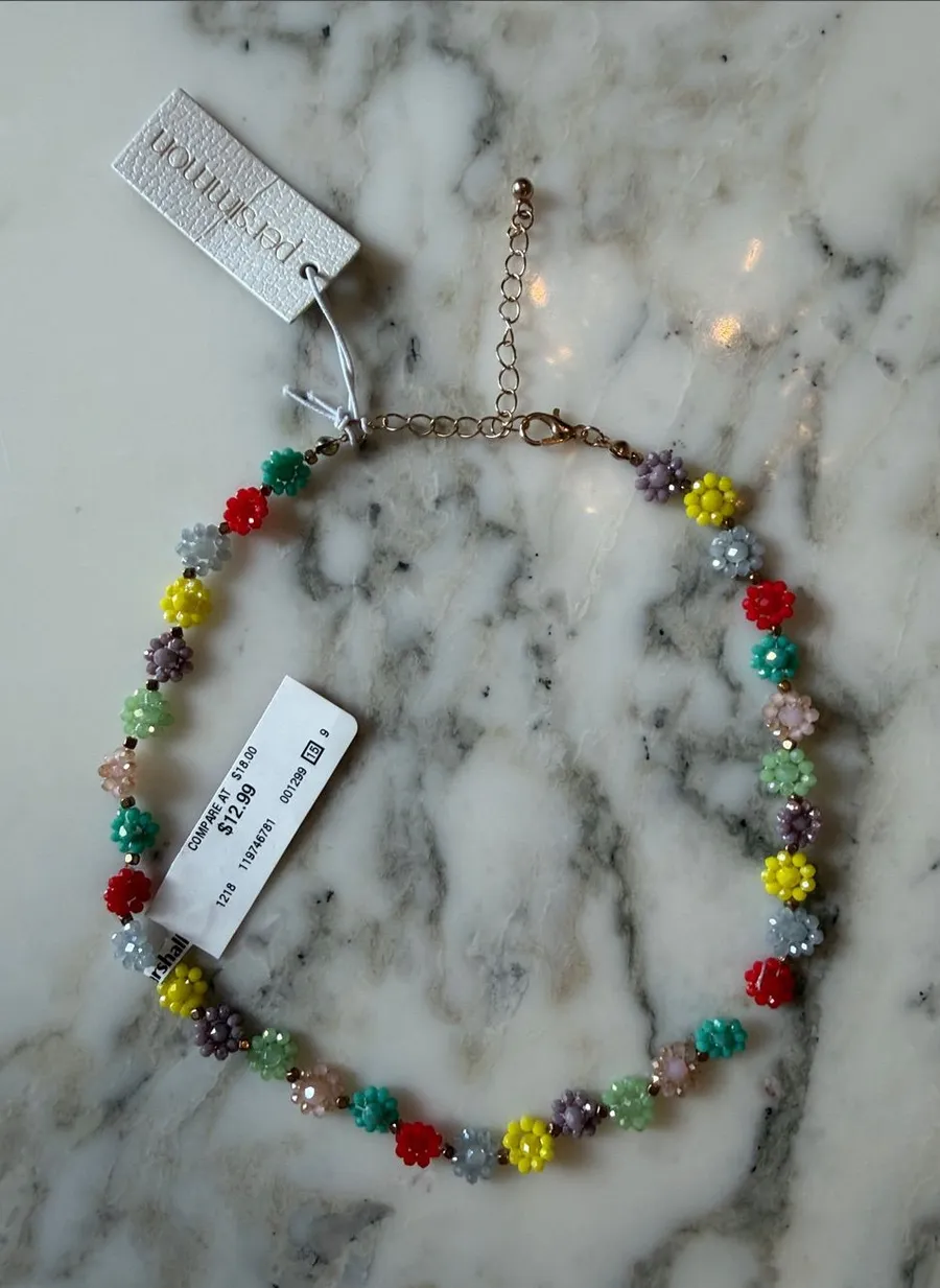 NWT Persimmon Colorful Beaded Flower Necklace AS IS Needs Restringing Gold