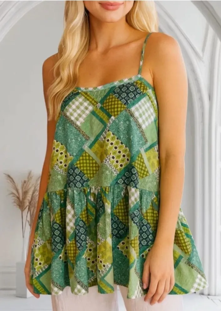 Natural Life Boho Festival Patchwork Print Top Large Sleeveless Straps
