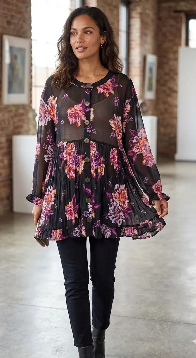 Cottagecore Womens Tunic 2X Black Floral Sheer Mesh Babydoll Button Front Top