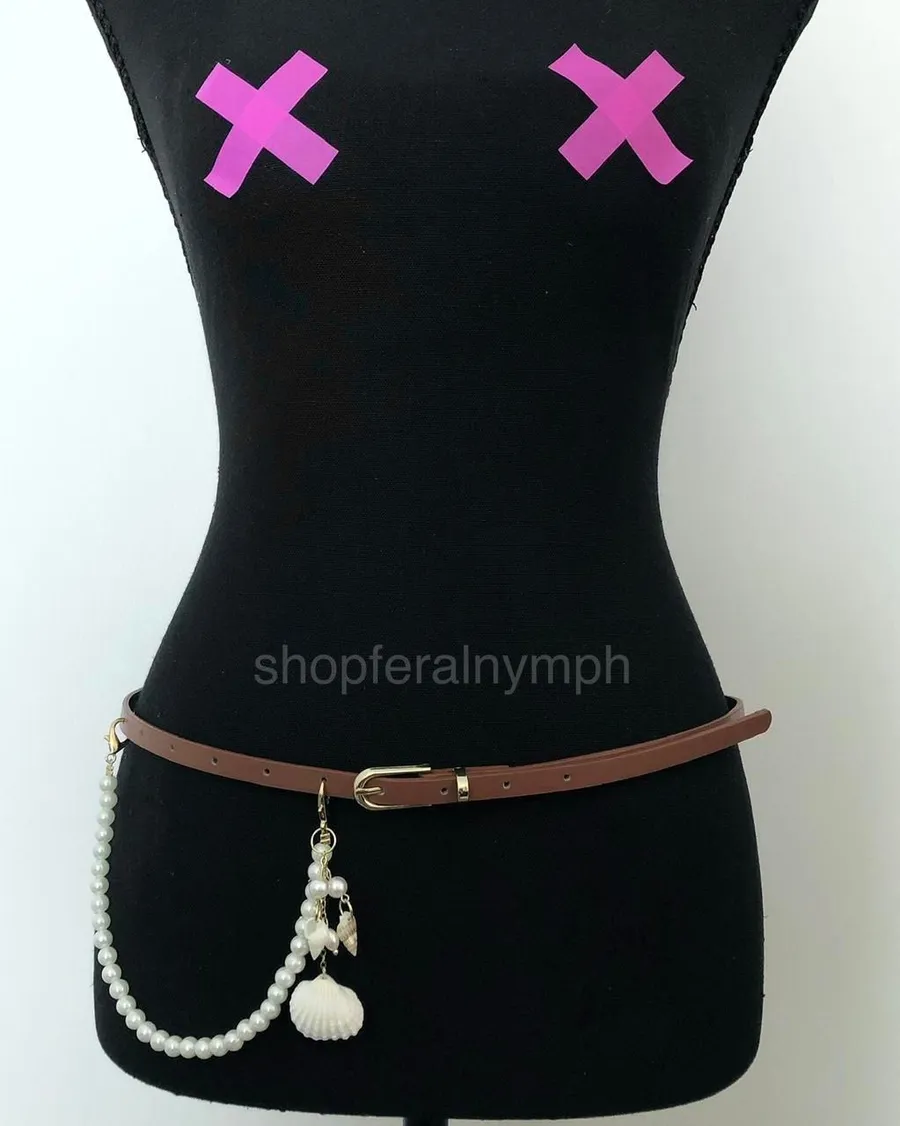 Mermaidcore Brown Faux Leather Pearl Shell Belt, Fits 32.5–35 Inches, X7GA1230