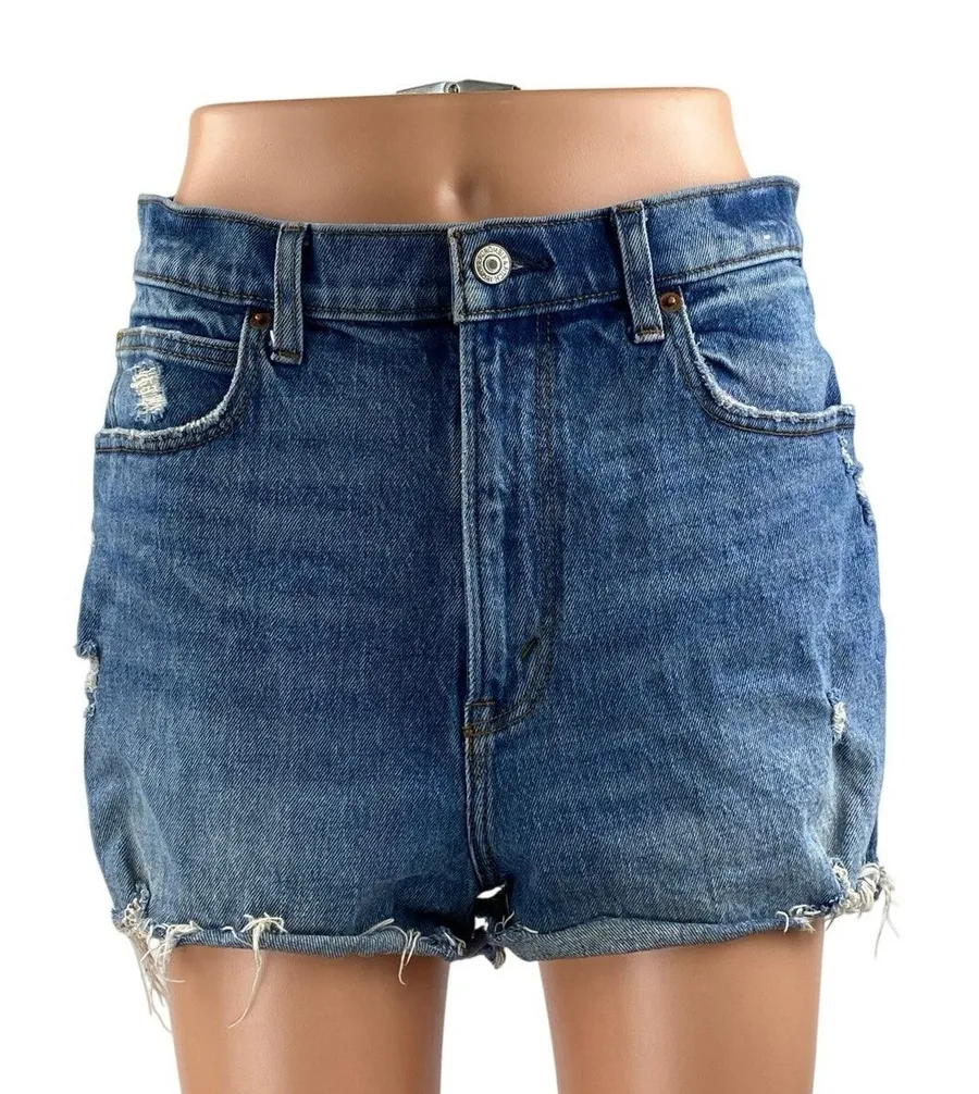 Abercrombie & Fitch The Mom Blue Ultra High Rise Cut Off Denim Jean Shorts Sz 29