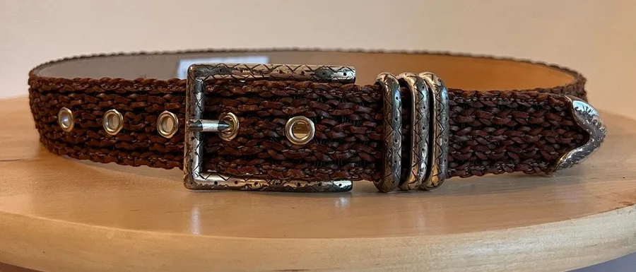 Vintage Woven Brown Barbara & Co Genuine Leather Silver Tipped Belt Size Medium