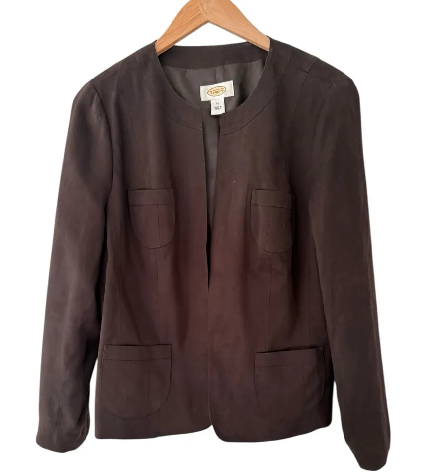 Talbots Faux Suede Open Front Chocolate Brown Blazer Jacket Size 14 Classic