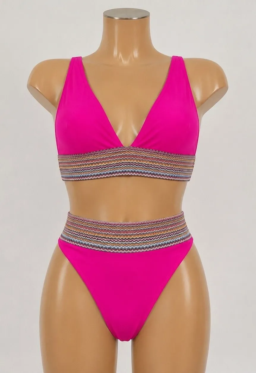 Hot Pink Chevron Band Triangle Bikini Set High Cut Two Piece Swimsuit Large
