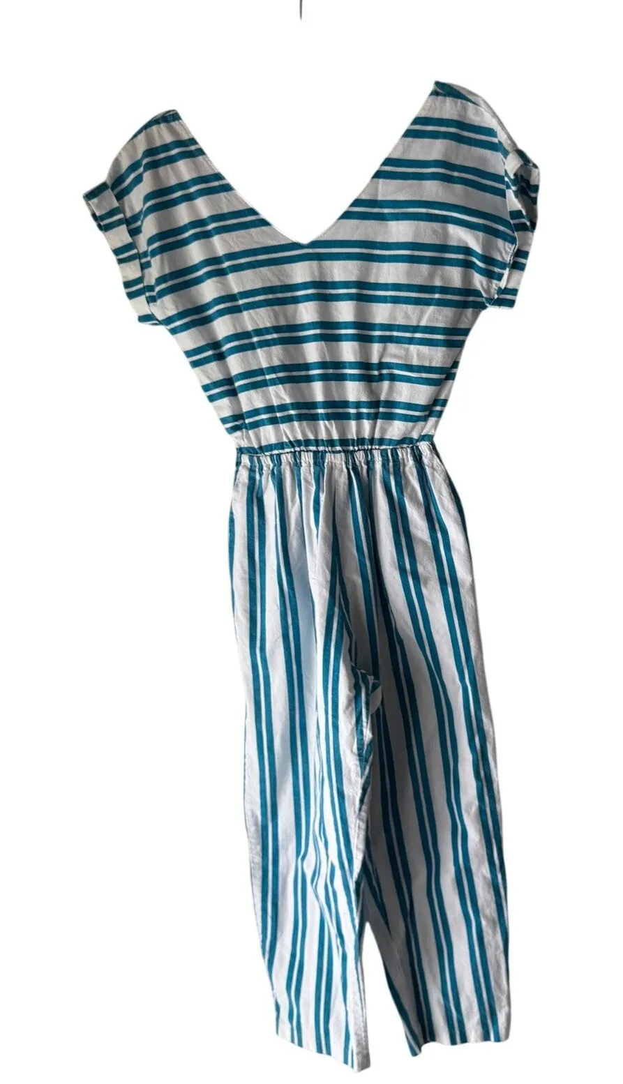 Vintage 70s Buffy’s Choice Striped Cotton Jumpsuit Sz L Tie Back Pockets USA