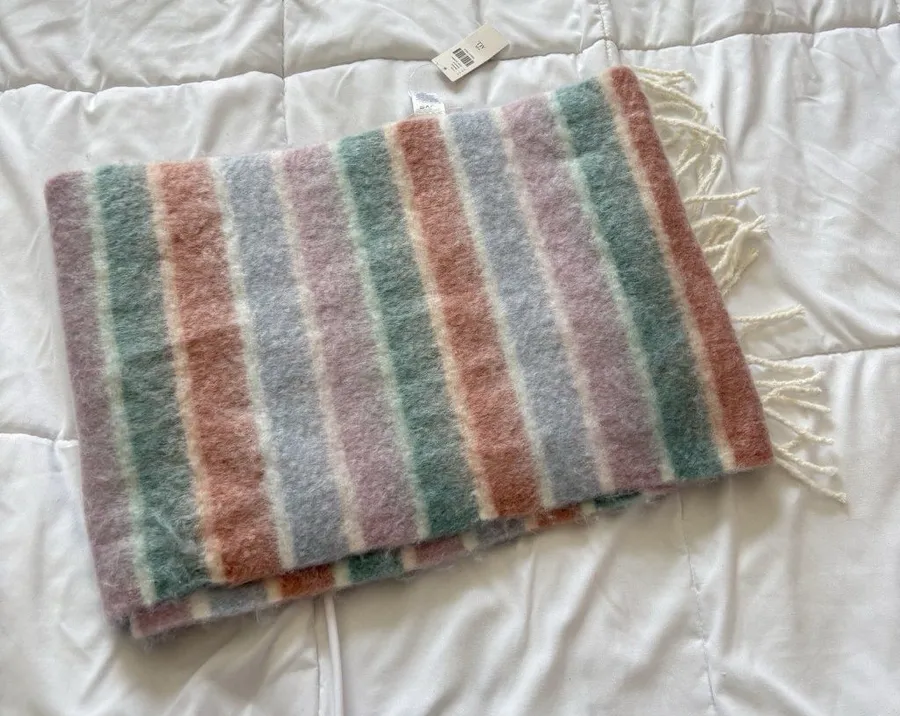 NWT Anthropologie Wrap Scarf Striped Pink Combo Soft Fringe Winter Soft