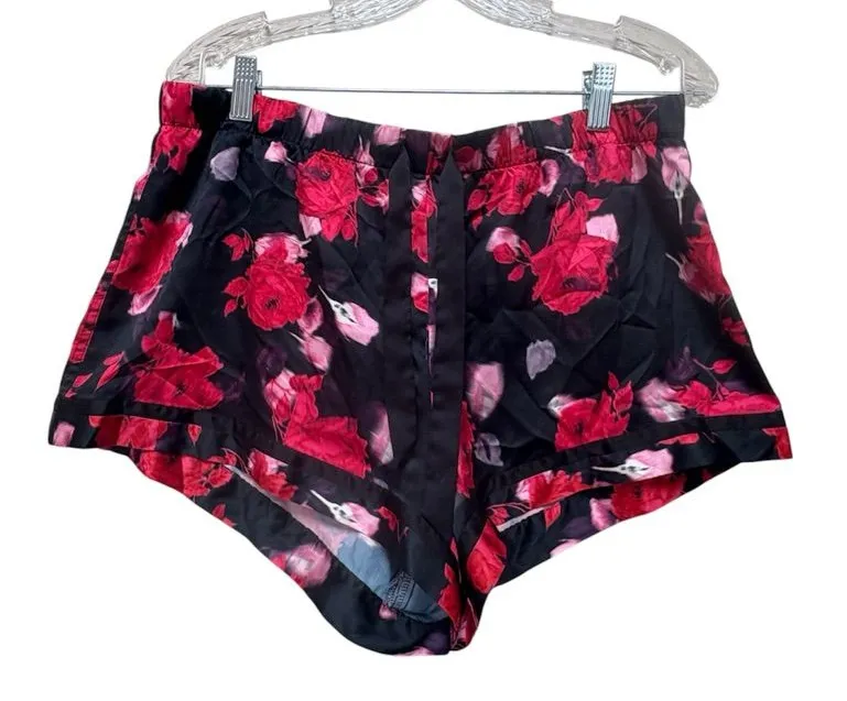 Victoria’s Secret Satin Floral Sleep Shorts Black Red Lounge Pajama Size L