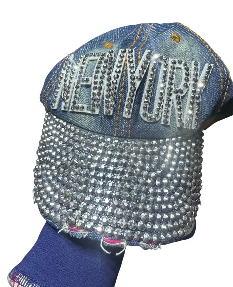 Denim Rhinestone Accent New York Bling Distressed Baseball Cap