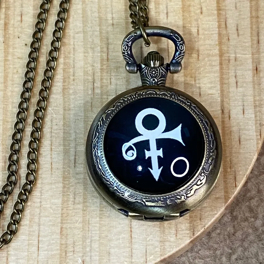 Prince Love Symbol Pocket Watch Necklace Unisex Bronze Steampunk Music Fan *FLAW Brown