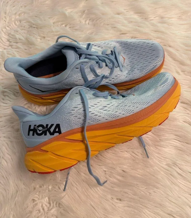 Hoka Clifton 8 Women's Light Blue and Orange Running Sneakers size 9.5