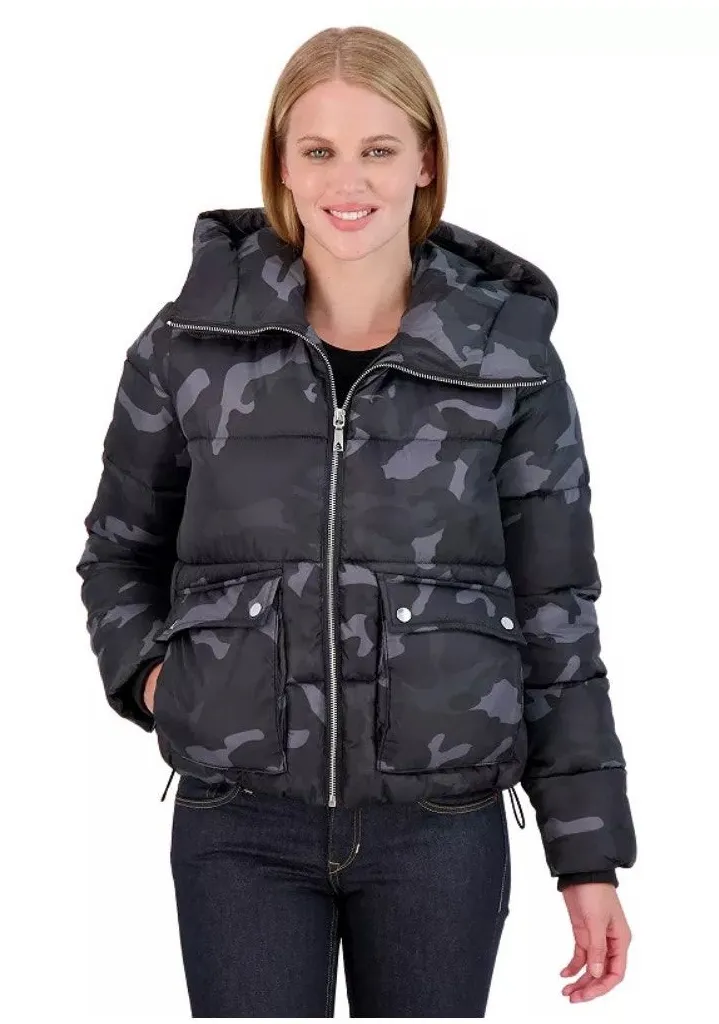 Sebby Hooded Crop Puffer Jacket Black Camo Full Zip Outdoor Gorp Womens Size M