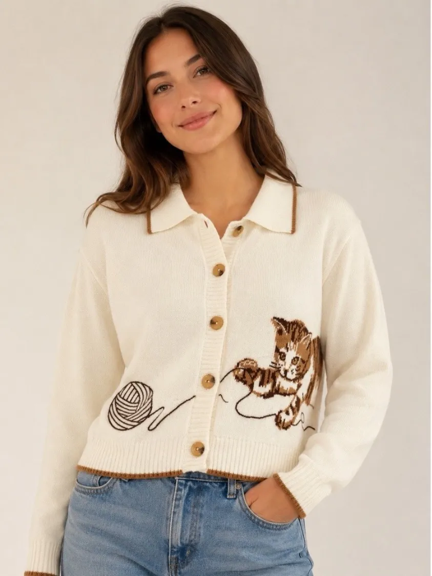 Anthropologie Calligraphie Novelty Knit Cat Sweater Cardigan Grandma Cream L