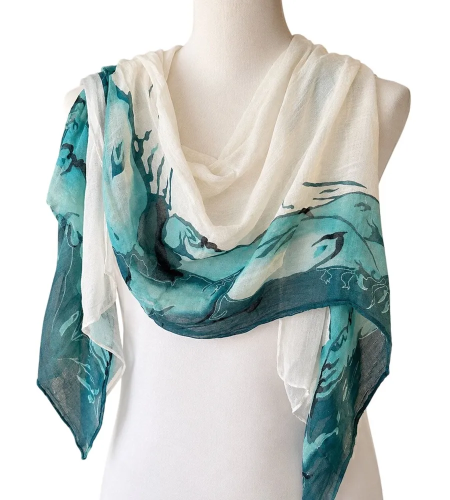 Ocean Wave Light Gauze Scarf Shawl Wrap Artist Coastal Beach Swim Cover Up Art