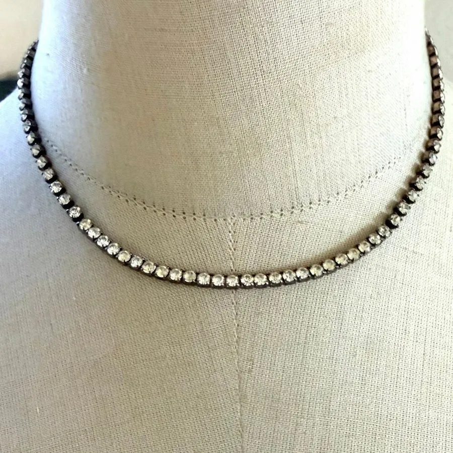 Vintage Rhinestone Tennis bar Necklace Silver