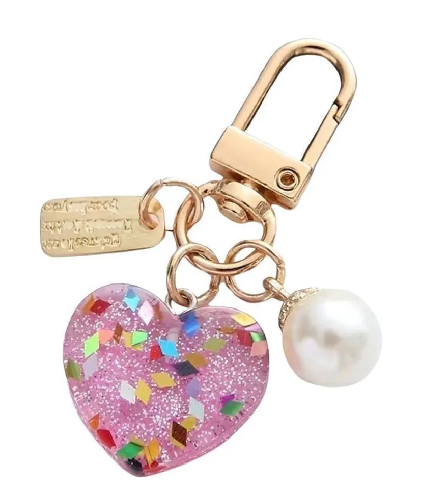 NEW Pink Glitter Heart Pearl Gold Bag Charm Key Ring Accessory
