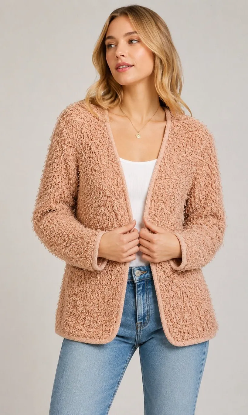 English Factory Pink Bouclé Fringe Textured Open Front Blazer NWOT