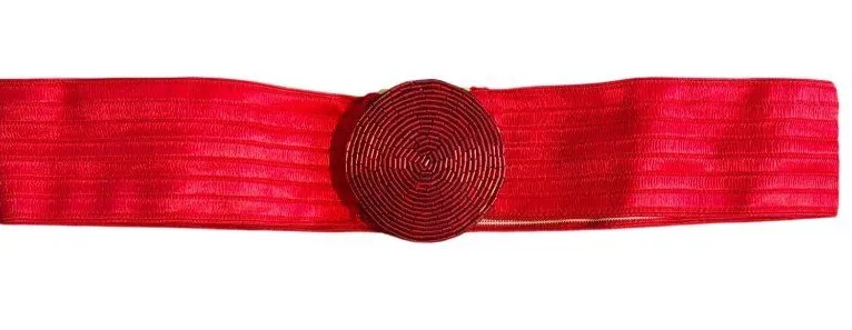 Vintage Charmant Red Elastic Belt Beaded Circular Buckle Wide Stretchy Waistband