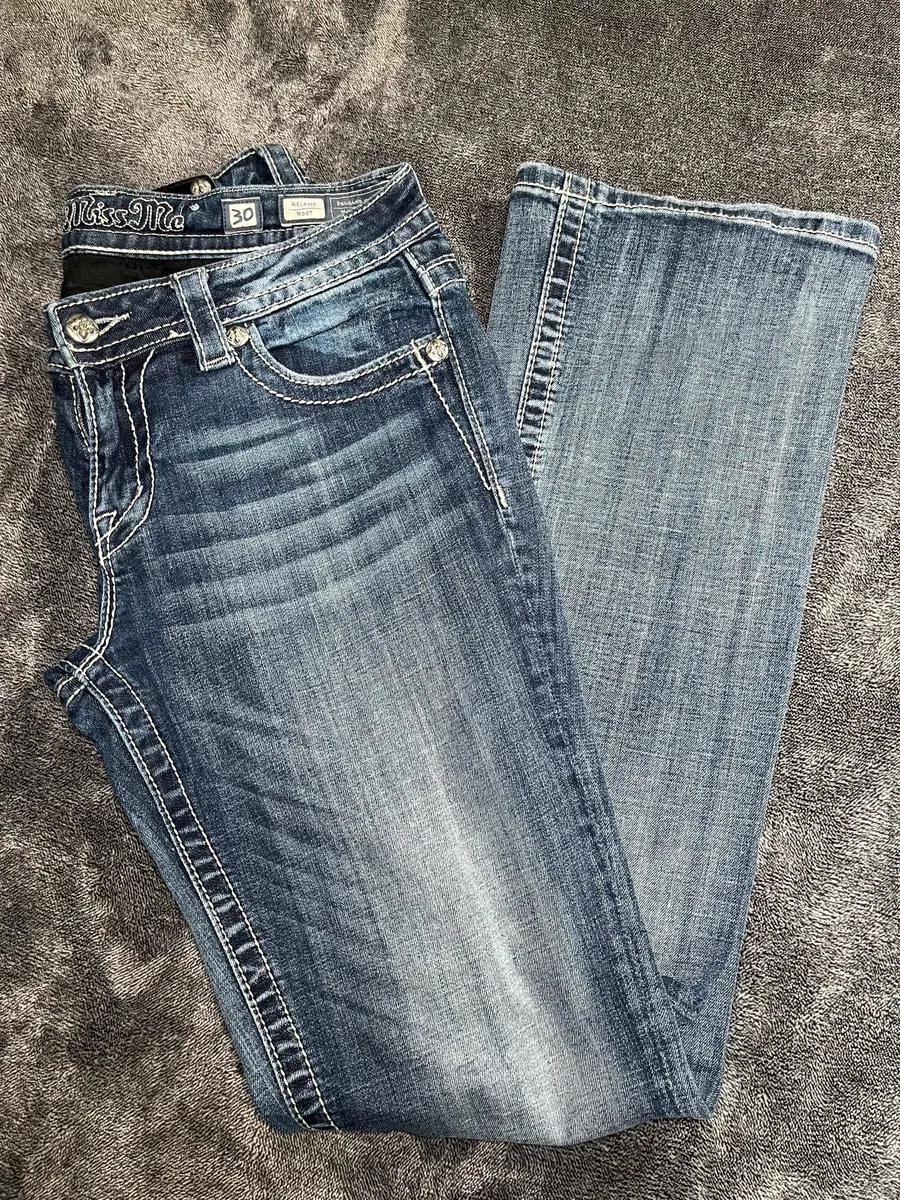 Miss Me Women Size 30 Bootcut Jeans Embellished Back Pockets Thick Stitch Medium Wash