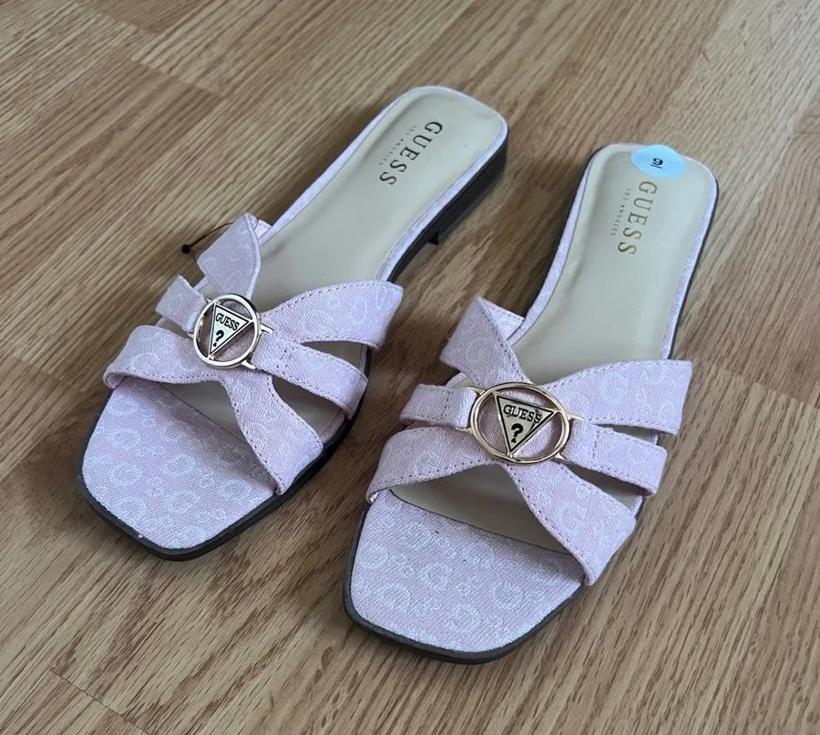 Guess Blush Pink Cross-Strap Slide Sandals with Gold Emblem