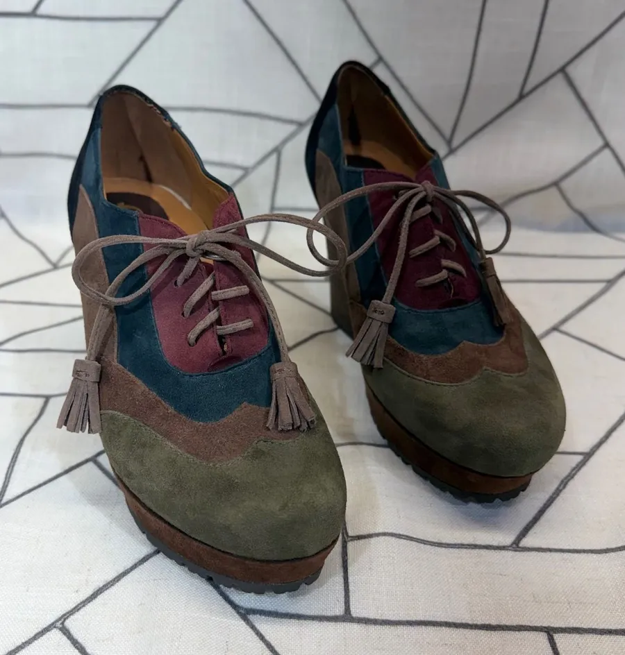 Earthies Skellig Platform Oxfords 7.5B Dark Olive Multi Suede Colorblock Tassel Green Size 7.5