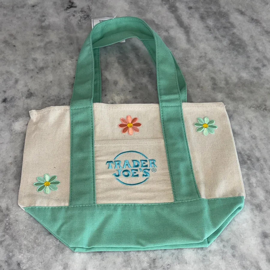 Trader Joe's Mint Green and Cream Canvas Tote with Floral Embroidery