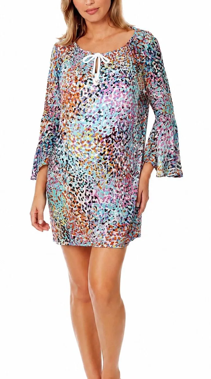 Anne Cole Sunset Dot Drawstring Bell Sleeve Tunic Swim Cover Up Medium NWT