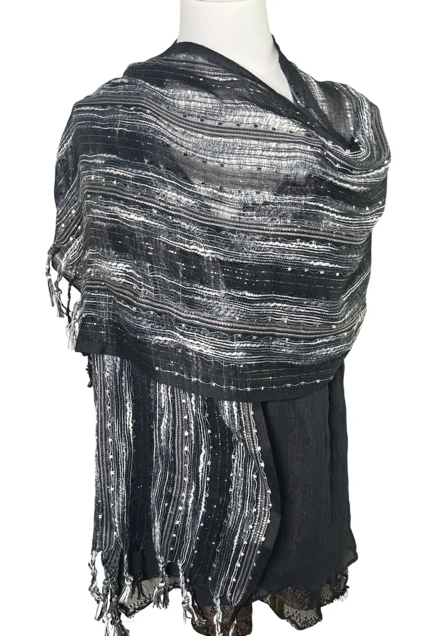 Textured Black Silver Metallic Scarf Wrap Fringe Sheer Woven Boho Shawl